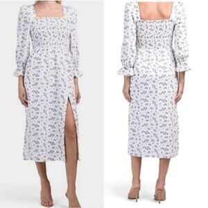 House of Harlow 1960 Linen Smocked Bodice Floral Midi Dress, size S